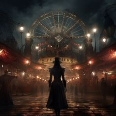 a woman standing in front of a carnival at night