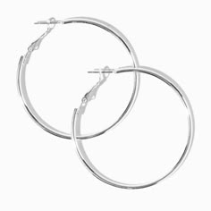 Simple, sleek, and stylish. These silver-tone hoop earrings will go with everything in your closet! Finish: Silver-tone Diameter: 50MM Closure: Snap back Material: Metal - Claire's Silver 50MM Hoop Earrings Earrings Hoops Silver, Silver Earrings Hoop, Hoop Earrings Png, Outfit Staples, Silver Hoops Earrings, Hoop Earrings Aesthetic, Accessories Png, Earring Png, Earrings Silver Hoops