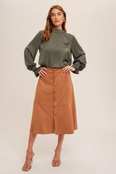 Cocoa Faux Suede Midi Skirt Non-stretch Lined Pencil Skirt For Fall, Stretch Lined Skirt For Fall, Womens Suede Skirt, Blue Skirt Outfit, Suede Midi Skirt, High Knee Boots, Faux Suede Skirt, Suede Skirt, Cardigan Top