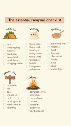 the essential camping checklist for campers and their families is shown in this graphic