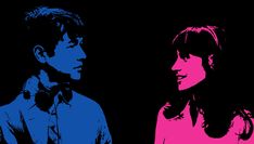 two people standing next to each other in front of a black background with pink and blue colors