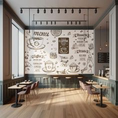 the interior of a coffee shop with tables, chairs and menus on the wall