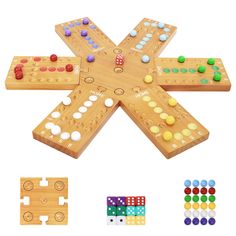 a wooden board game set with four different pieces