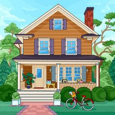 a drawing of a house with a bicycle parked in the front yard and trees around it