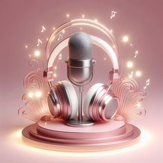 a microphone and headphones with music notes coming out of the top on a pink background