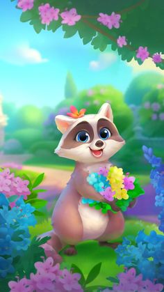 a painting of a little racoon holding flowers