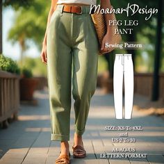 the woman is walking down the sidewalk wearing green pants and sandals with her hand on her hip