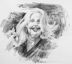 a black and white drawing of a woman with long blonde hair smiling at the camera