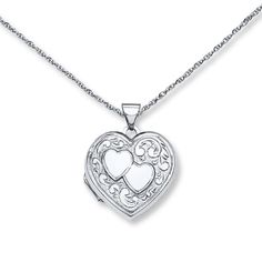 This darling heart-shaped locket necklace for her is decorated with two hearts and a scrollwork design. The sterling silver pendant sways from an 18-inch cable chain that fastens with a spring ring clasp. Sterling Silver Locket Necklace, Heart Locket Necklace, Ashes Jewelry, Heart Shaped Jewelry, Necklace For Her, White Necklace, Two Hearts, Heart Locket, Accessories Jewelry Necklace