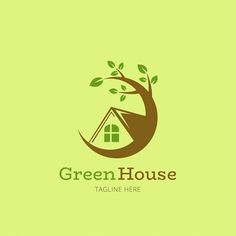 the green house logo is shown with a tree and a house on it's side