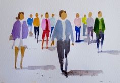 a watercolor painting of people walking down the street with their backs to each other