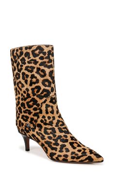 Complete your look with the unmistakable sophistication of this pointy-toe bootie. 2 1/2" heel 8 1/4" shaft Inset side-zip closure Synthetic, leather or genuine calf-hair (China) upper/synthetic lining and sole Imported Leopard Print Hair, Shoe Size Chart Kids, Kitten Heel Boots, Sustainable Leather, Pointed Toe Boots, Brown Leopard, Boots For Women, Espadrille Shoes, Franco Sarto