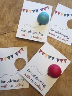 three birthday cards with balloons and bunting flags on them, one for celebrating with us today