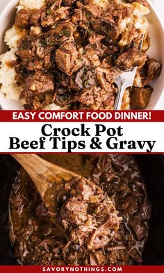 crock pot beef tips and gravy in a white bowl