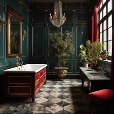 an ornate bathroom with green walls and red cabinets, chandelier above the bathtub