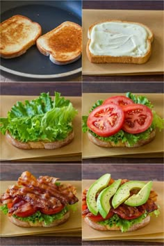 six pictures of sandwiches with bacon, lettuce, tomato and avocado