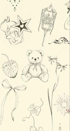 a drawing of teddy bears and flowers on a white background with stars in the sky