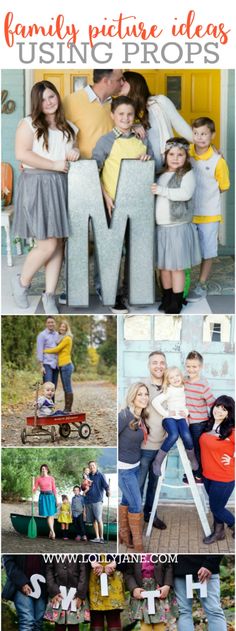 a collage of photos with the words family pictures using letters to spell out their names