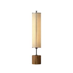 a wooden table lamp with a white shade on it's side and a black base