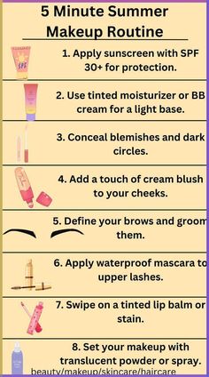 For an extra summer glow, you can apply a touch of highlighter to the high points of your face, like the tops of your cheekbones, the bridge of your nose, and your Cupid's bow. This quick routine will give you a fresh, natural summer look in no time! 5minute summer makeup routine Summer makeup Quick makeup routine Natural makeup look SPF makeup Waterproof mascara Tinted moisturizer Sunscreen makeup Easy makeup tutorial Sweat-proof makeup Summer beauty tips #SummerMakeup #QuickBeauty #NaturalGlow Makeup Routine Natural, Summer Makeup Routine, Quick Makeup Routine, Sunscreen Makeup, Moisturizer Sunscreen, Sweat Proof Makeup, Summer Beauty Tips, Spf Makeup, Makeup Order