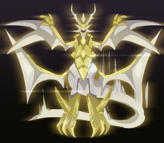 a yellow and white dragon with horns on it's head, standing in front of a black background