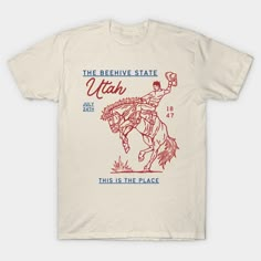 Just a Utah shirt with a cowboy on it -- Choose from our vast selection of Crewneck and V-Neck T-Shirts to match with your favorite design to make the perfect graphic T-Shirt. Pick your favorite: Classic, Boxy, Tri-Blend, V-Neck, or Premium. Customize your color! For men and women. Rodeo Tshirt Ideas, Country Music Merch, White Graphic Tee For Western-themed Events, White Graphic Print T-shirt For Western-themed Events, Pre-shrunk T-shirt For Western-themed Summer Events, Western Style Screen Print T-shirt For Western-themed Events, White Screen Print T-shirt For Rodeo, Retro T-shirt For Western-themed Summer Events, Retro Summer T-shirt For Western-themed Events