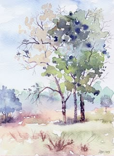 watercolor painting of two trees in the grass