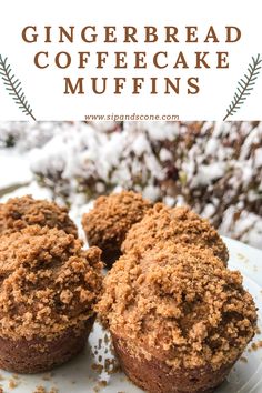 gingerbread coffee cake muffins on a white plate with the title above it