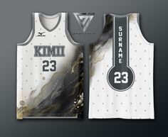 the front and back of a basketball jersey designed to look like an abstract marble pattern