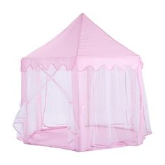 a pink play tent with netting on the top and side walls, set up against a white background