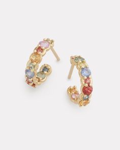 18K Yellow Gold Multicolor Sapphire Hoop, 1.98 TCW1/2 Inch Diameter Style# YEMS32H Earrings Sapphire, Pastel Earrings, What A Girl Wants, Gold Hoops, Ring Necklace, Perfect Pair, Ring Earrings, Jewelry Shop, Sapphire