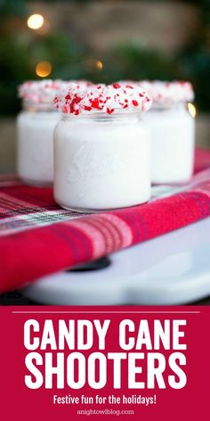 candy cane shooters on a plate with the words, festive fun for the holidays