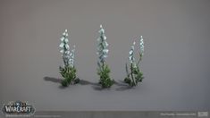 three white flowers with green stems in front of a gray background and the words warcraft on it