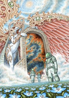 a painting of an angel opening a door to another world with two humanoids standing in front of it