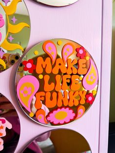 there are three plates that have the words make life funky on them in different colors