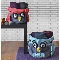 three pictures of an owl crocheted bag