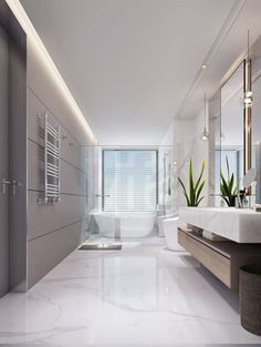 a modern bathroom with white marble floors and walls