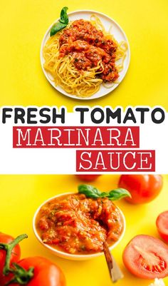 fresh tomato marinara sauce in a white bowl on a yellow background with tomatoes and basil