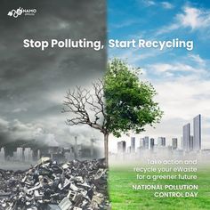 a poster with the words stop polling, start recycling take action and recycle your waste for a green future national pollution control day