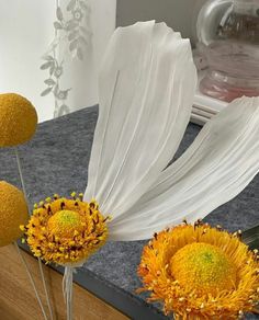 three yellow flowers sitting on top of a counter