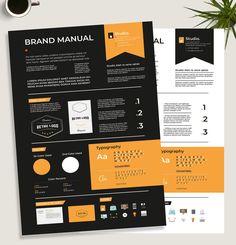 a black and yellow brochure with orange accents