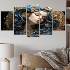 a woman's face with blue hair and gold gears on it in a living room