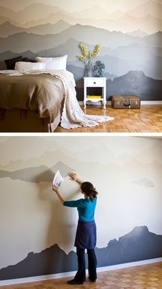 two pictures of a woman painting the wall with mountains and clouds on it's walls