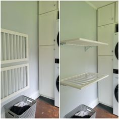 two pictures show the inside of a laundry room