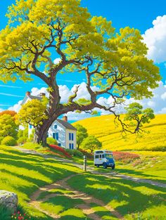 a painting of a house on a hill with a tree in the foreground and a car parked near it