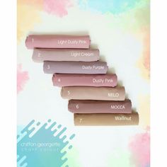 five different shades of lip glosses on a colorful background with the names of each product