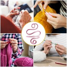 people are knitting and crocheting together with the words yes on them in different pictures