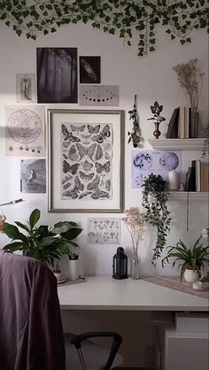 a white desk topped with lots of plants next to a wall covered in pictures and photos