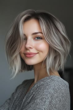 1. Layered Bob with Ash Blonde Highlights (Short Hairstyles For Thin Hair) - Short Hairstyles For Thin Hair Ash Bob Hair, Blonde Hair Ideas For Summer Short, Grey Hair Blonde Highlights, Blonde Balayage Bob Short, Grey Blonde Highlights, Ash Blonde Short Hair, Grey Blending, Grey Blonde Hair, Bob Hair Color