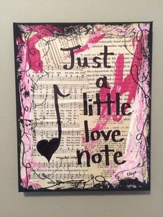 "Music teacher, Elexa, of Lexicon of Love hand creates each piece in the shop in Atlanta. \"Just a little love note\" is romance and Valentine's Day. A perfect gift for your boyfriend or girlfriend who love music! This original painting shown in the pictures is on canvas and uses sheet music, vintage book pages, acrylic paints, and black sharpie. The original art canvas shown in the picture measures 8x10 inches. Elexa can recreate this painting to be any of the sizes she offers such as 9x12, 11x14, 12x16, 16x20, and 18x24. Paintings are always received in clear sealed wrapping against a hard card stock with a small artist biography card included." Wedding Anniversary Painting, Anniversary Painting, Sheet Music Vintage, Painting Romantic, Musical Theater Gifts, Wedding Wall Art, Vintage Book Pages, Book Wall Art, Theatre Gifts